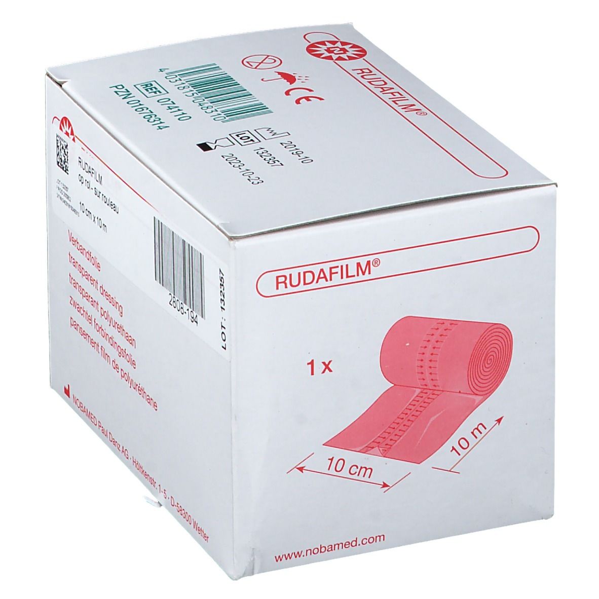 Boîte de RUDAFILM® film de pansement. Dimensions : 10 cm x 10 m. Rouleau de film transparent. Produit rouge visible.