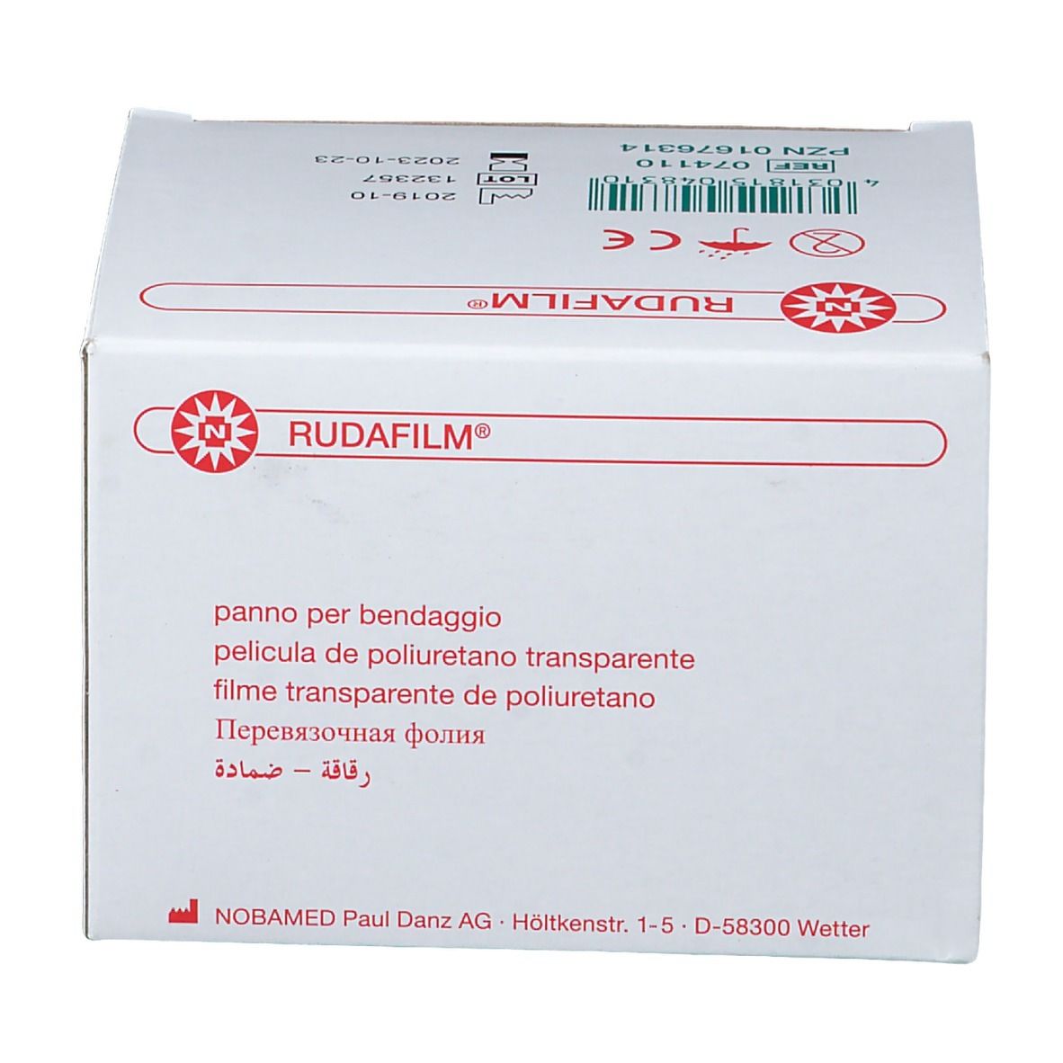 Boîte de RUDAFILM® film de pansement. Nom du produit et texte multilingue. Marquage CE.