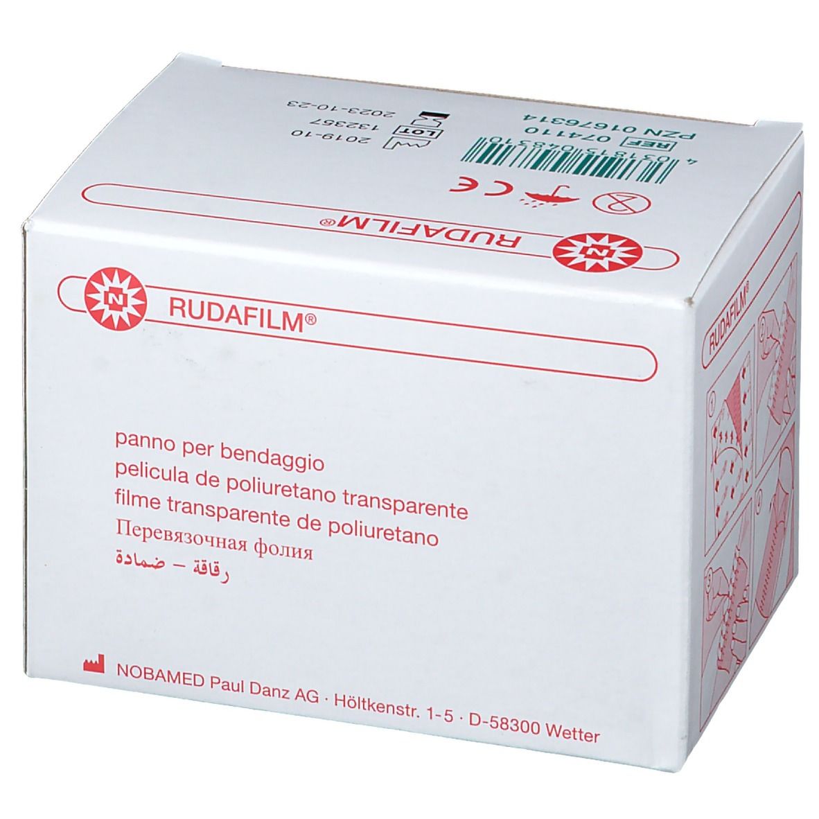 Boîte de RUDAFILM® film de pansement. Nom du produit et texte multilingue. Marquage CE.