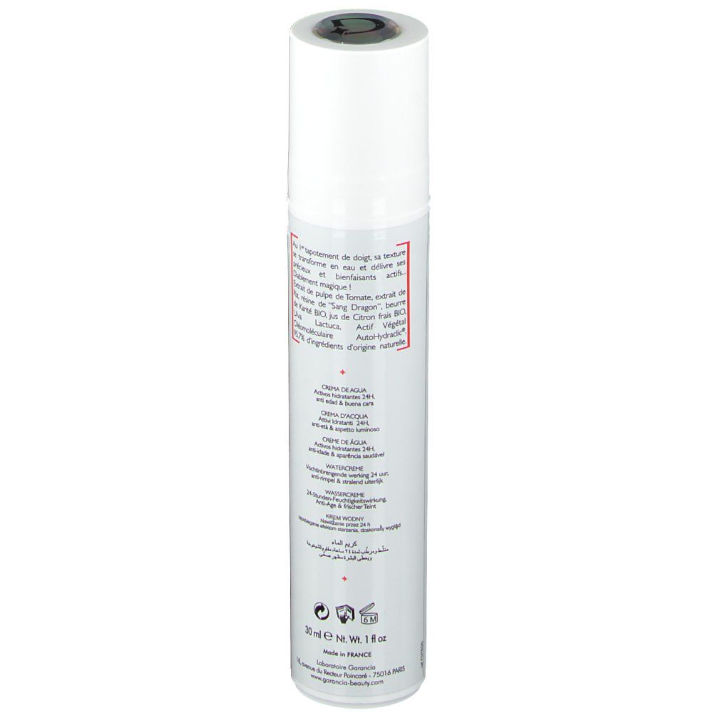 Weißer Zylinder, Seitenansicht mit Text. Aufschrift: Diabolique Tomate, 30 ml, Garancia.