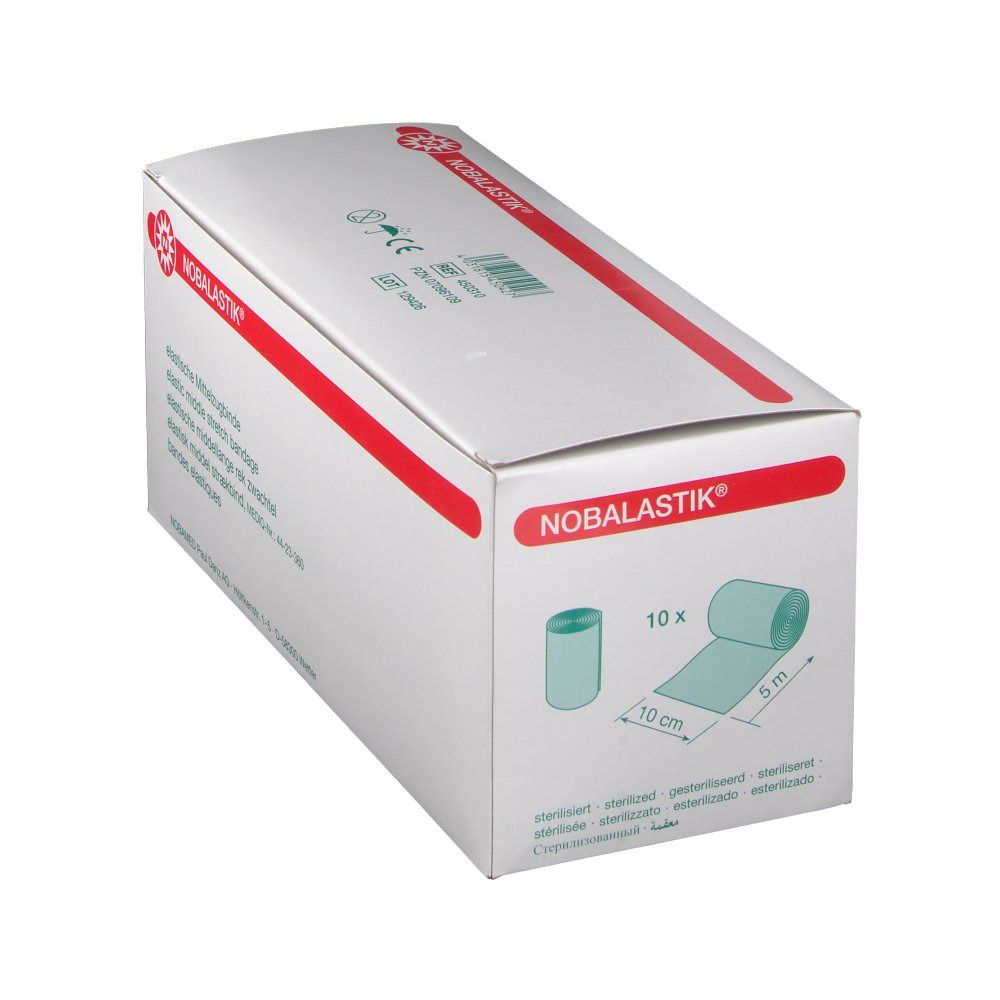 Emballage blanc avec ligne rouge et logo. NOBALASTIK®. Illustration: bandage, 10 cm x 5 m. Stérile.