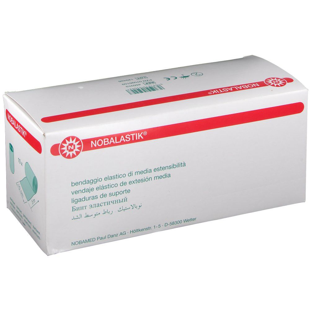 Emballage blanc avec ligne rouge et logo. Texte: NOBALASTIK®, bandage élastique. Illustration: bandage, 10 cm x 5 m.