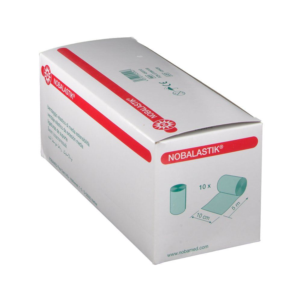 Emballage blanc avec ligne rouge et logo. NOBALASTIK®. Illustration: bandage, 10 cm x 5 m. Stérile.