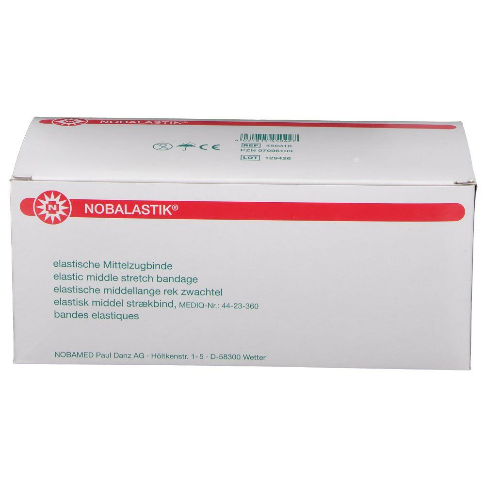 Emballage blanc avec ligne rouge et logo. Texte: NOBALASTIK®, bandage élastique. Marque CE.