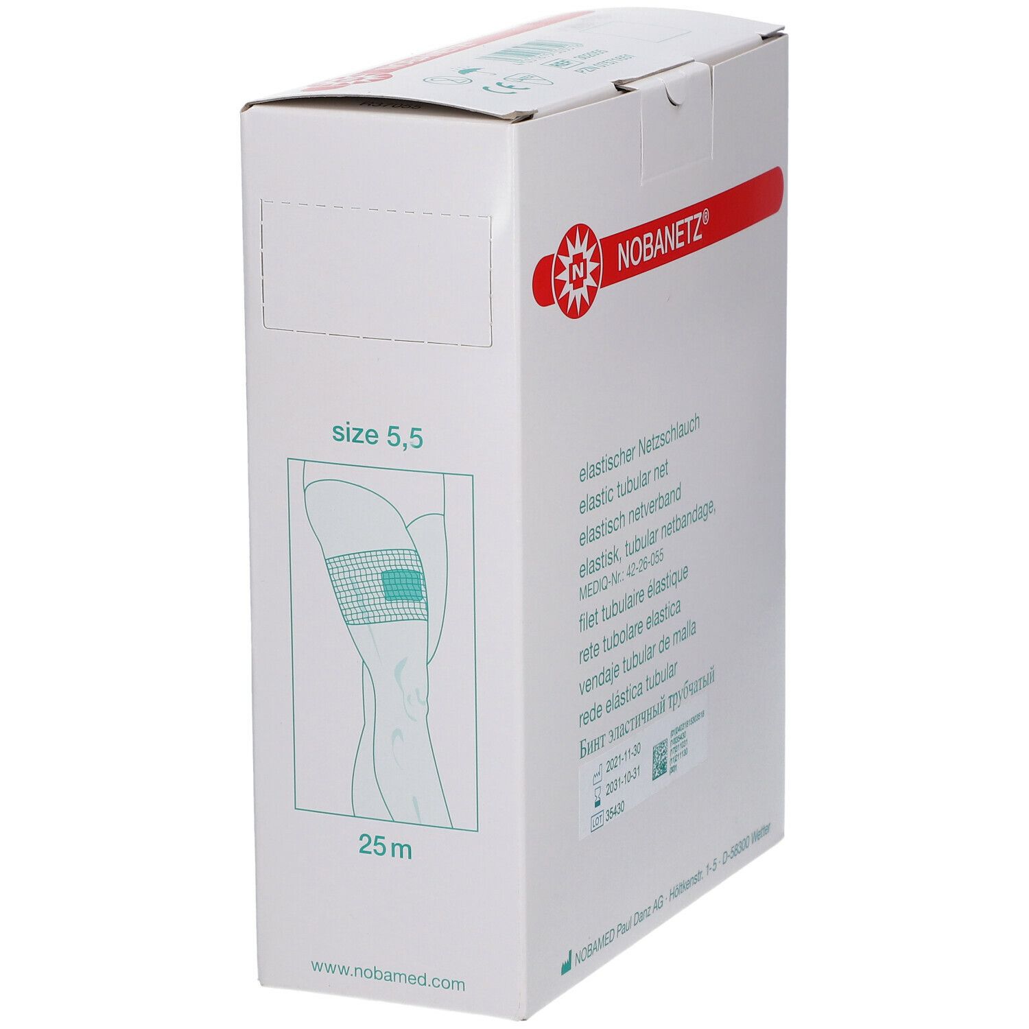Schräg gestellte Verpackung von Nobanetz® Netzschlauch. Aufdrucke: Größe 5,5, 25m. Logo und Produktname.