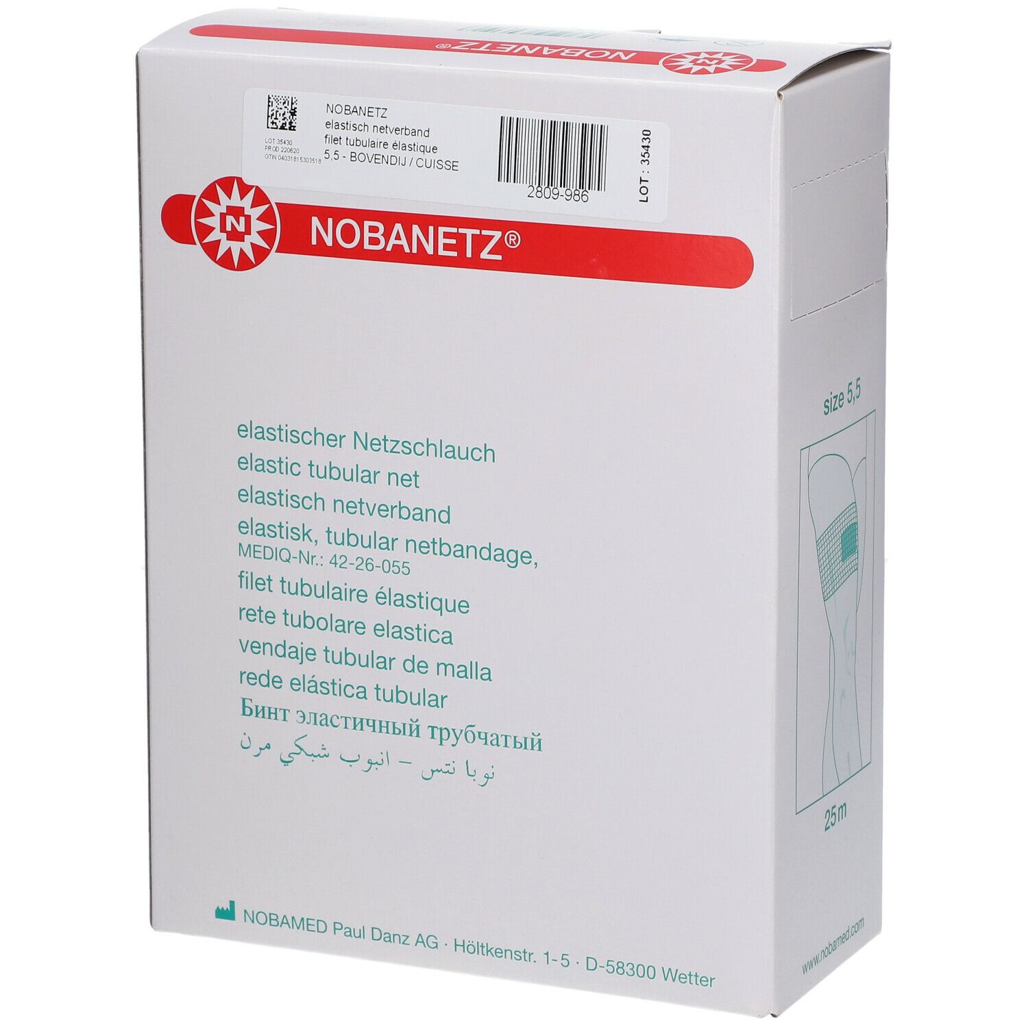Verpackung von Nobanetz® Netzschlauch. Aufdrucke: elastischer Netzschlauch, Größe 5,5, 25m. Logo und Produktname.