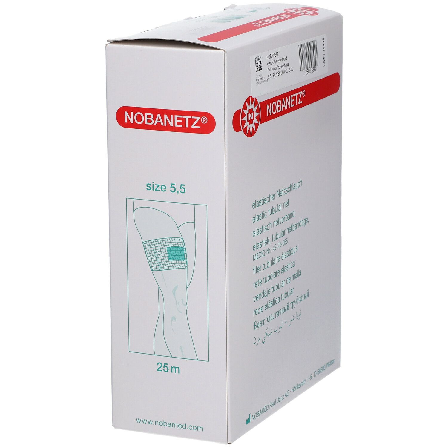 Schräg gestellte Verpackung von Nobanetz® Netzschlauch. Aufdrucke: Größe 5,5, 25m. Logo und Produktname.