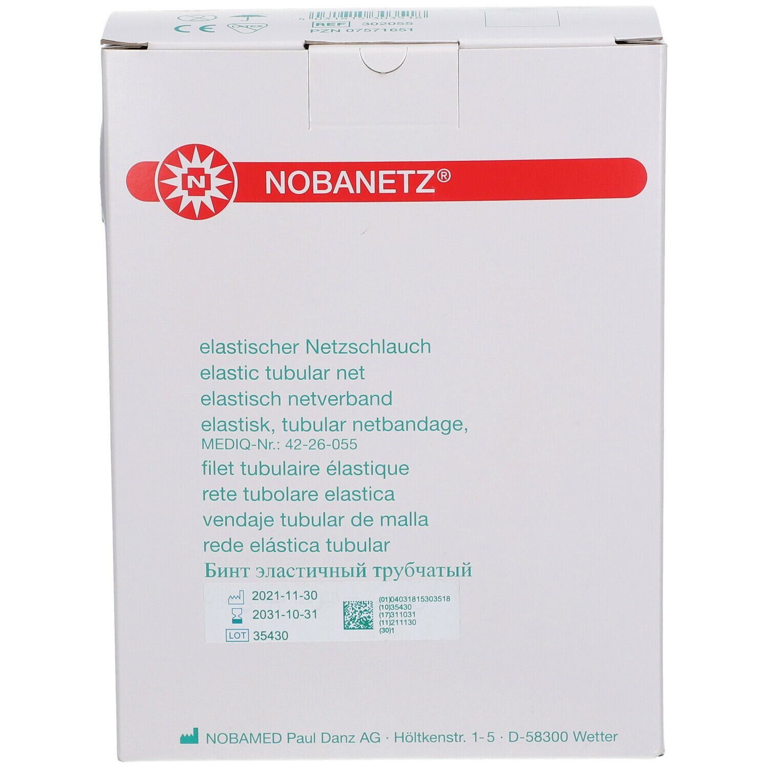 Verpackung von Nobanetz® Netzschlauch. Aufdrucke: elastischer Netzschlauch, Größe 5,5, 25m. Logo und Produktname.