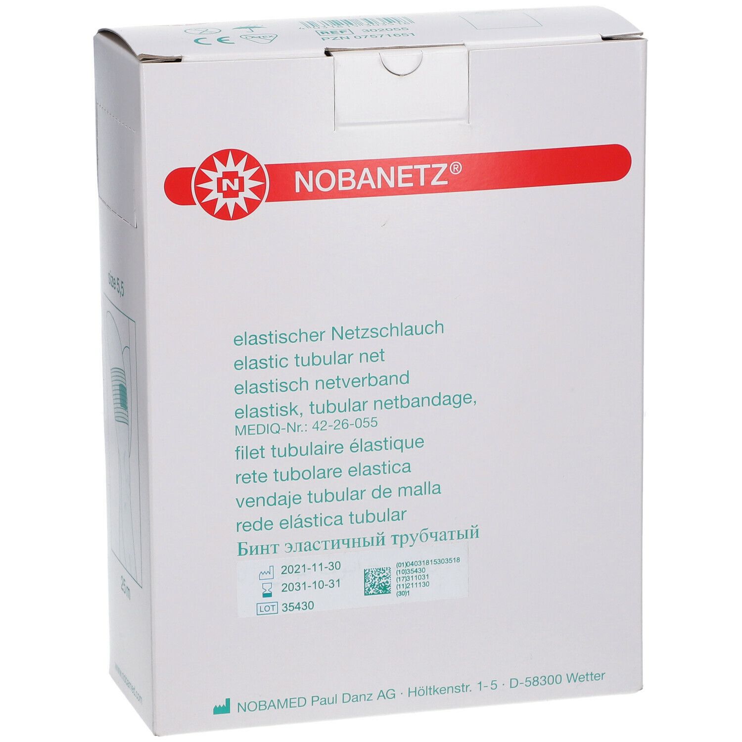Verpackung von Nobanetz® Netzschlauch. Aufdrucke: elastischer Netzschlauch, Größe 5,5, 25m. Logo und Produktname.