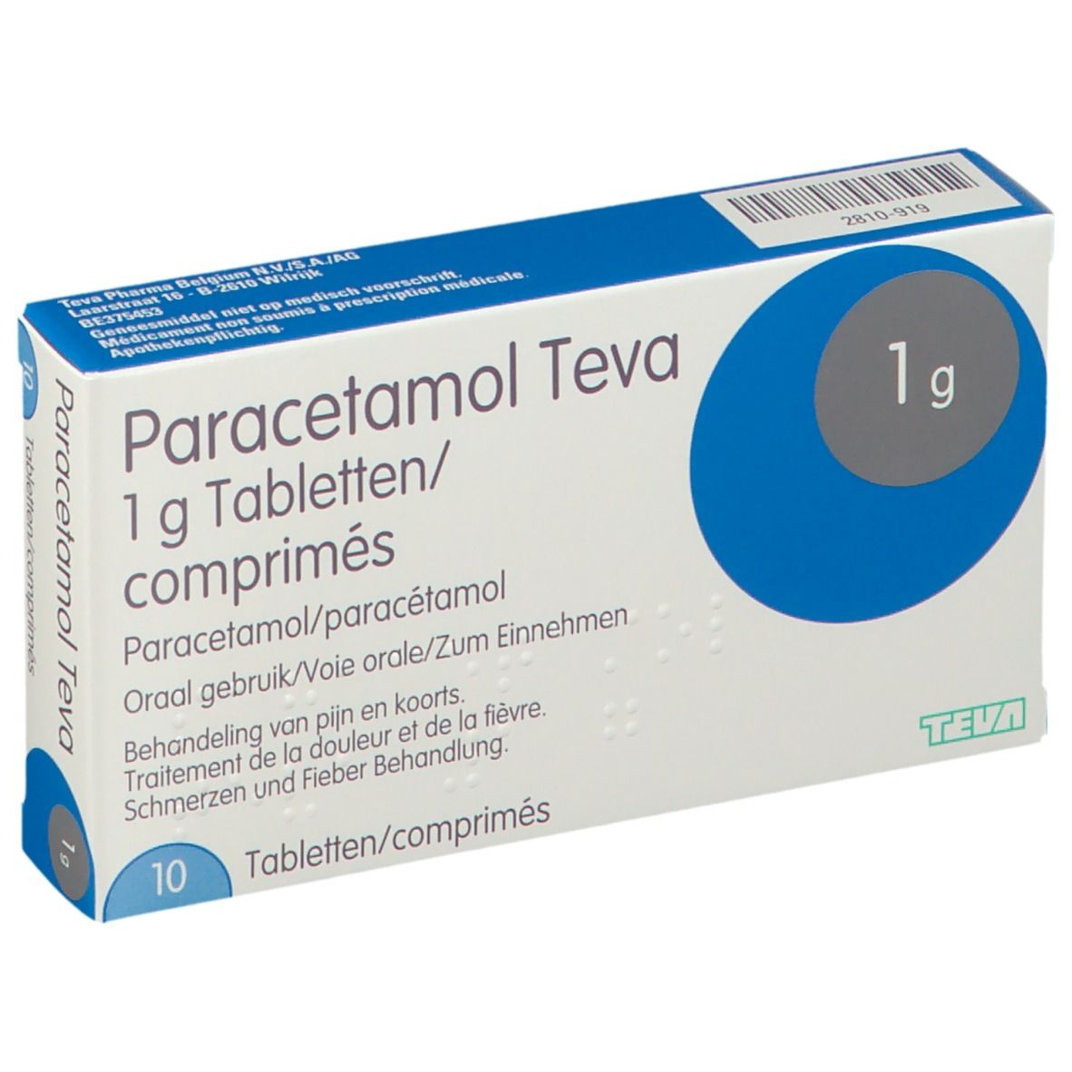 Boîte de Paracétamol Teva 1 g comprimés. Emballage bleu et blanc avec nom et dosage. 10 comprimés.