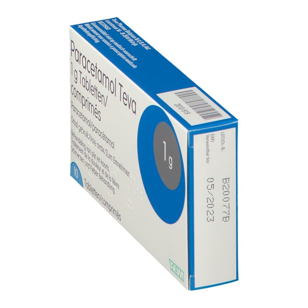 Boîte de Paracétamol Teva 1 g, en biais. Emballage bleu et blanc avec nom et dosage. Code-barres et date d'expiration.