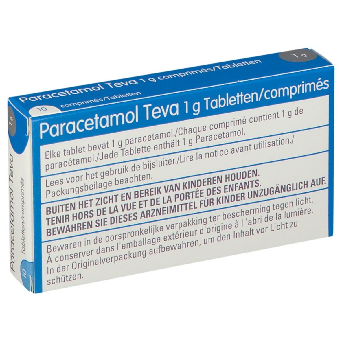 Dos de la boîte de Paracétamol Teva 1 g. Informations textuelles, dosage, avertissements et coordonnées du fabricant.