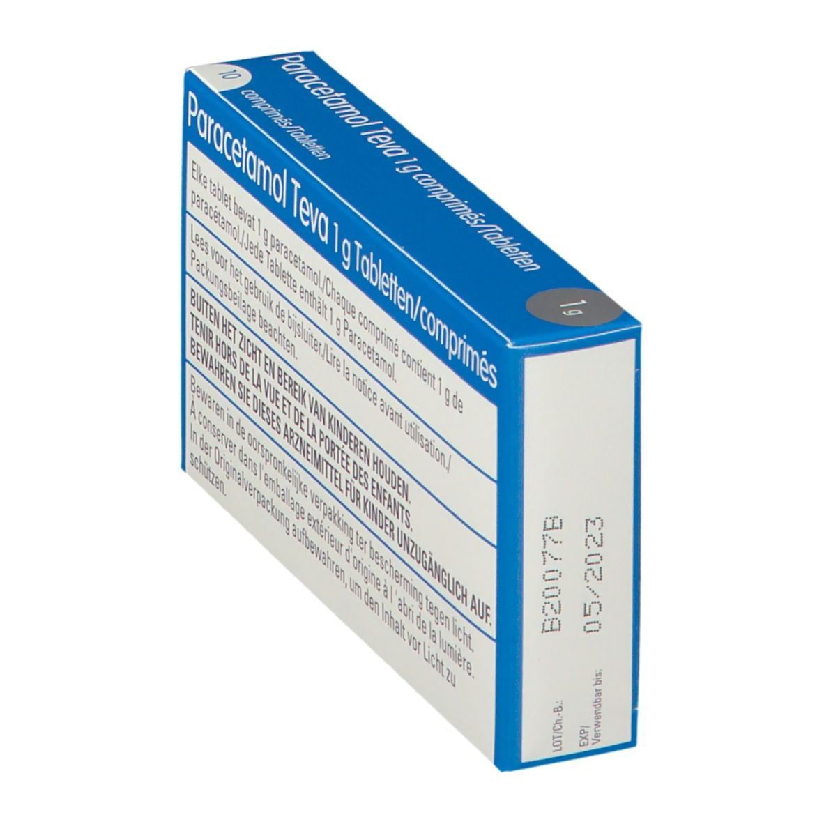 Boîte de Paracétamol Teva 1 g, en biais. Dos avec texte, dosage, avertissements et fabricant. Date d'expiration.