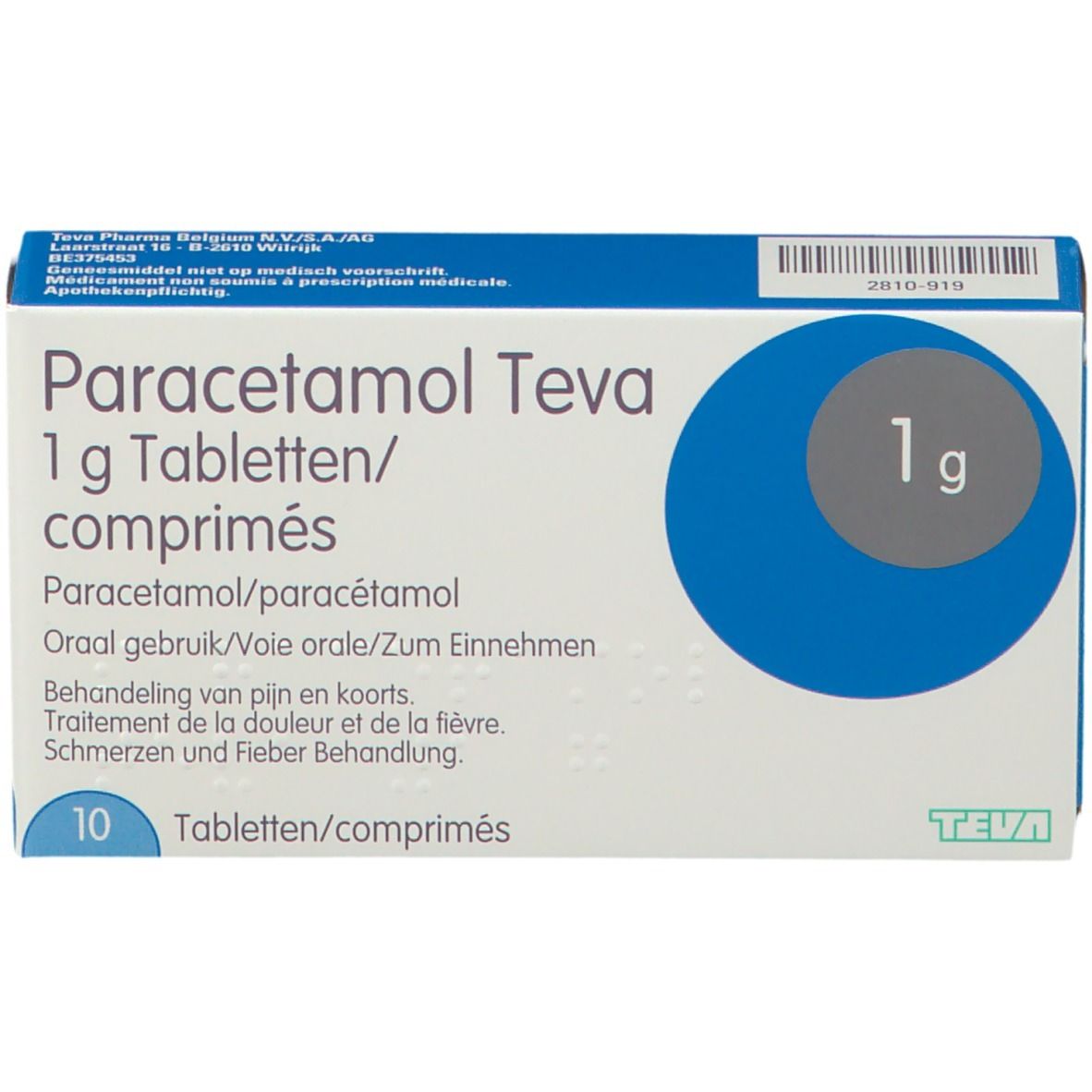Boîte de Paracétamol Teva 1 g. Emballage bleu et blanc avec nom, dosage et 10 comprimés.