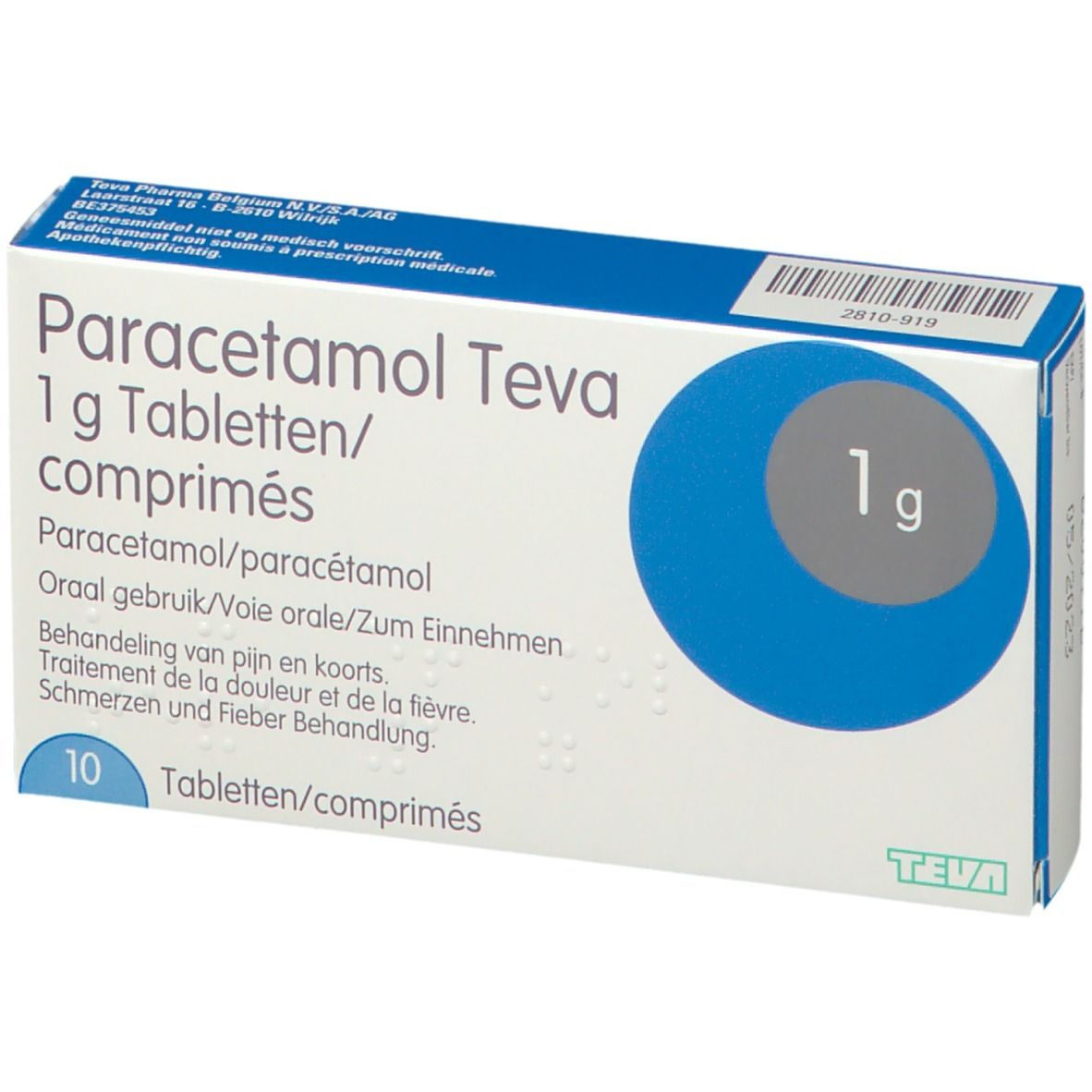 Boîte de Paracétamol Teva 1 g. Emballage bleu et blanc avec nom, dosage et 10 comprimés.