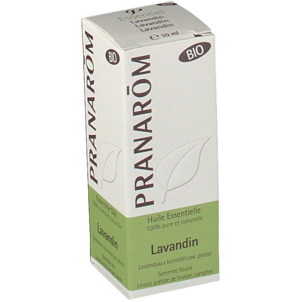 Karton mit Pranarom Lavandin Grosso Bio Huile Essentiel. BIO-Zertifizierung. Text: Lavandin, 10 ml.