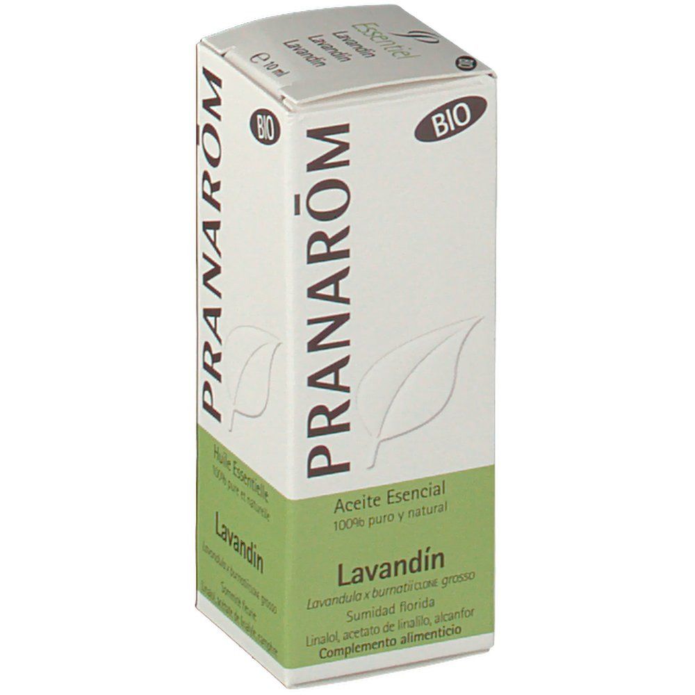 Karton Pranarom Lavandin Grosso Bio Huile Essentiel. BIO-Zertifizierung. Text: Aceite Esencial, Lavandin.