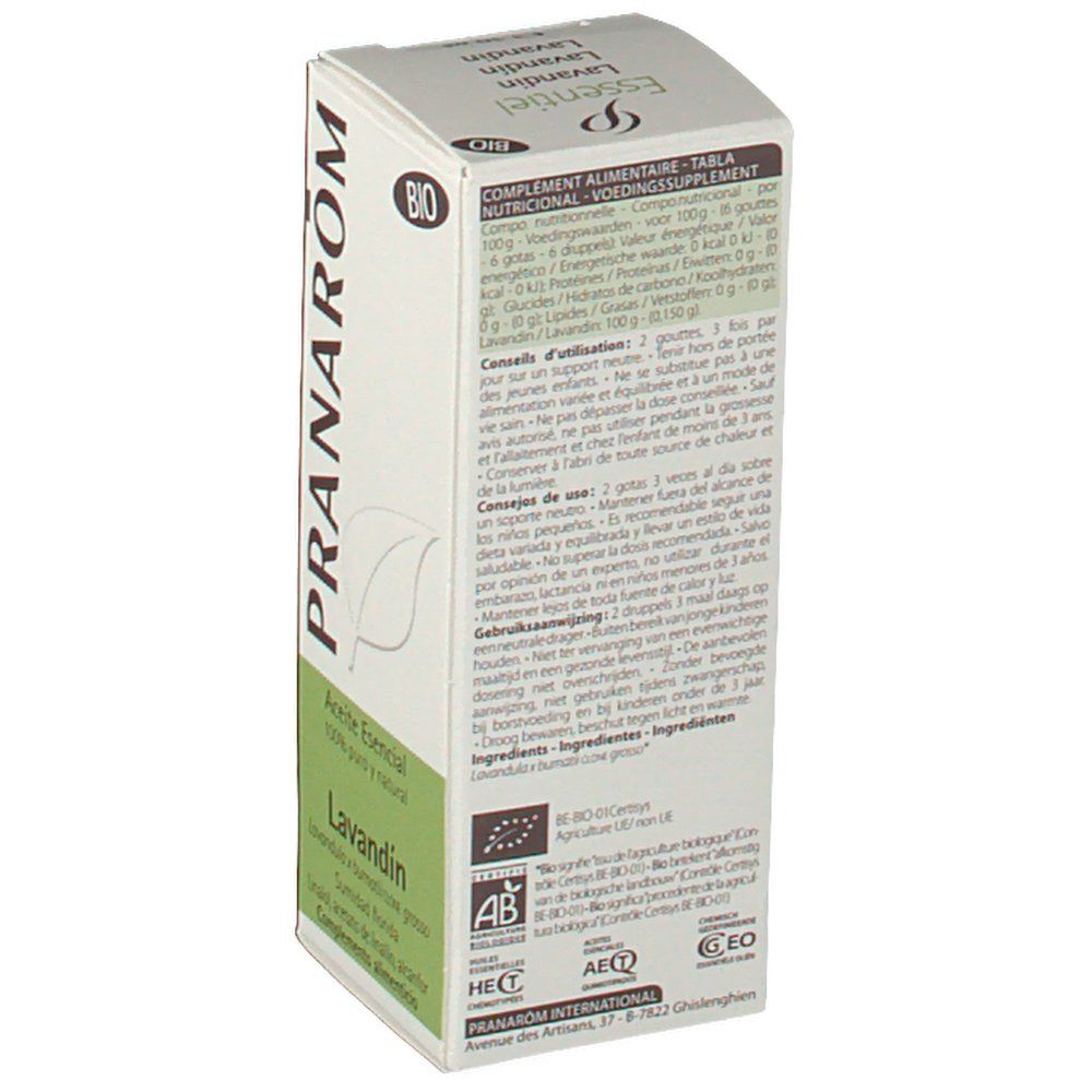 Rückseite der Verpackung Pranarom Lavandin Grosso Bio Huile Essentiel. Text: Complemento Alimentare, BIO-Zertifizierung.