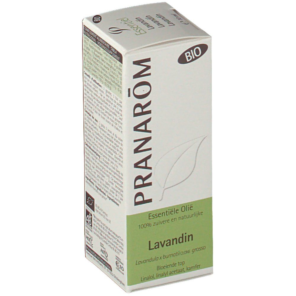 Karton Pranarom Lavandin Grosso Bio Huile Essentiel. BIO-Zertifizierung. Text: Essentiële Olie, Lavandin.