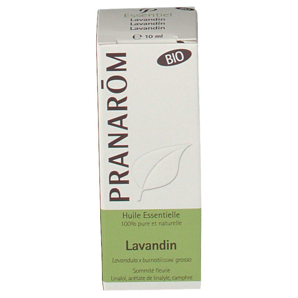Karton Pranarom Lavandin Grosso Bio Huile Essentiel. BIO-Zertifizierung. Text: Huile Essentielle, Lavandin, 10 ml.