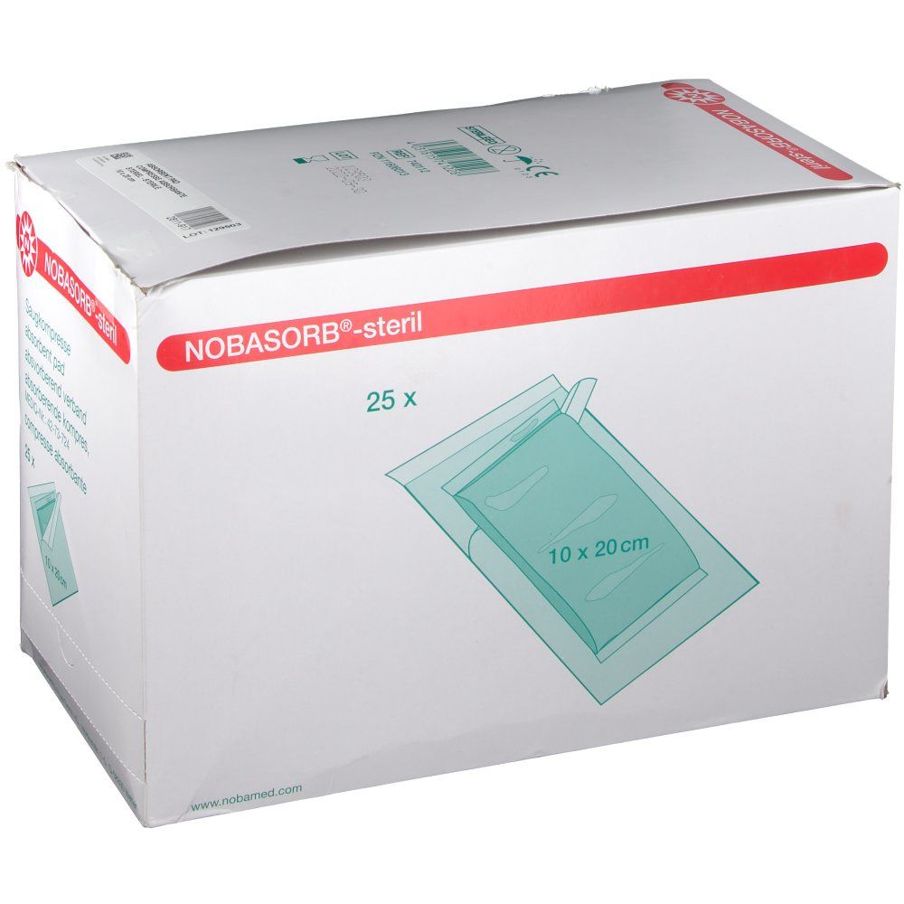 Boîte de compresses absorbantes NOBASORB®-steril. Contient 25 pièces de 10 x 20 cm. Emballage avec informations et logo sur fond blanc.