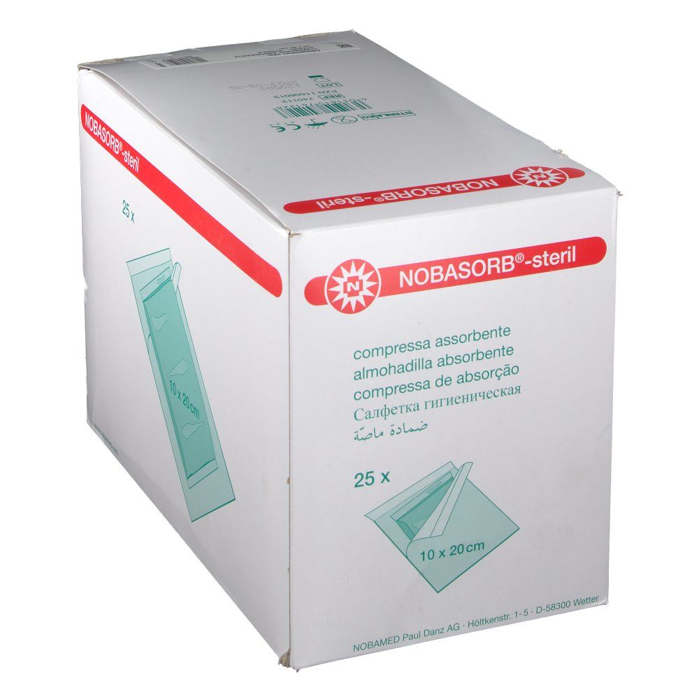 Boîte de compresses absorbantes NOBASORB®-steril. 25 pièces, 10 x 20 cm. Informations et logo sur fond blanc avec bande rouge.
