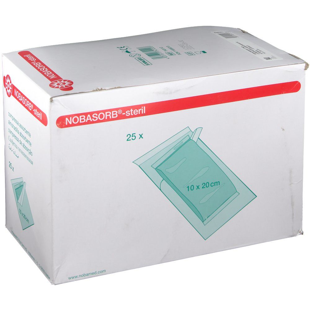 Emballage de compresses absorbantes NOBASORB®-steril. Boîte de 25 pièces, 10 x 20 cm. Informations et logo sur fond blanc.