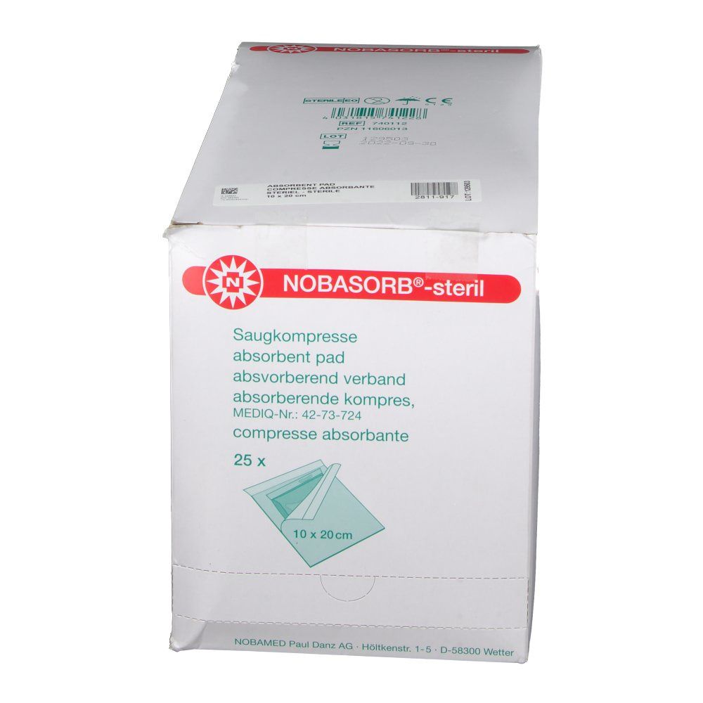 Boîte de compresses absorbantes NOBASORB®-steril. 25 pièces, 10 x 20 cm. Informations et logo sur fond blanc avec bande rouge.