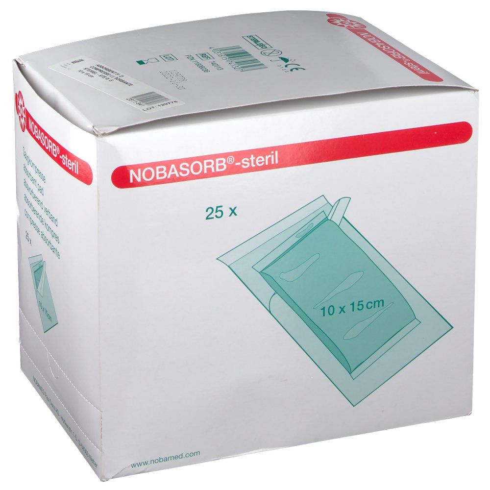 Boîte de compresses absorbantes NOBASORB®-steril. 25 unités, 10 x 15 cm. Accents rouges et logo. Inscriptions : compresse absorbante, marquage CE.