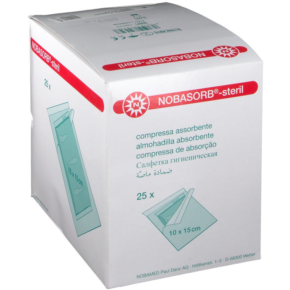 Boîte de compresses absorbantes NOBASORB®-steril. 25 unités, 10 x 15 cm. Inscriptions multilingues. Logo et marquage CE.