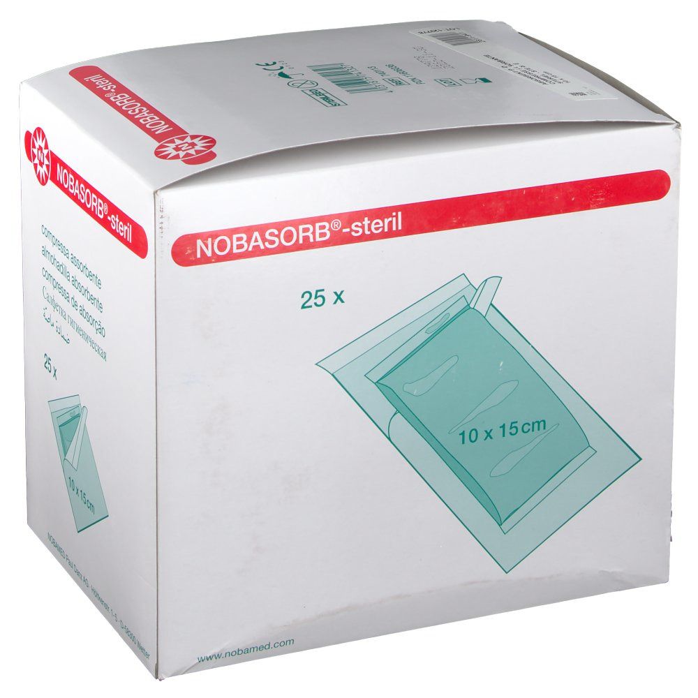 Boîte de compresses absorbantes NOBASORB®-steril. 25 unités, 10 x 15 cm. Accents rouges et logo. Inscriptions : compresse absorbante, marquage CE.
