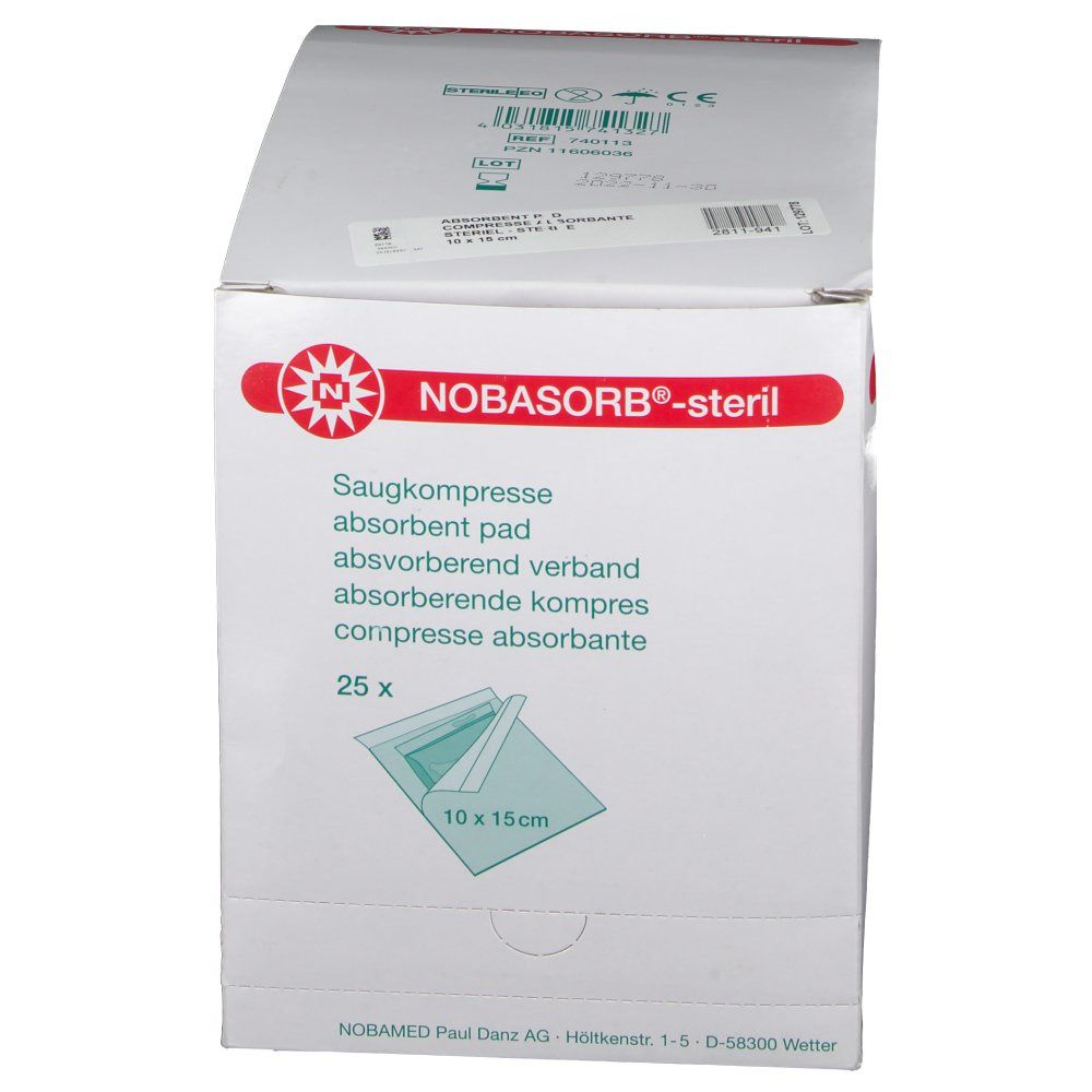 Boîte de compresses absorbantes NOBASORB®-steril. 25 unités, 10 x 15 cm. Logo et inscriptions : compresse absorbante, pansement absorbant, marquage CE.