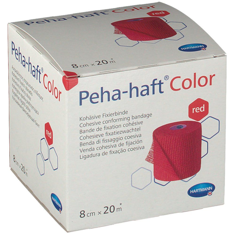 Emballage de Peha-haft® Color, rouge, 8 cm x 20 m. Inscriptions : nom du produit, taille, couleur, logo du fabricant et image du produit.