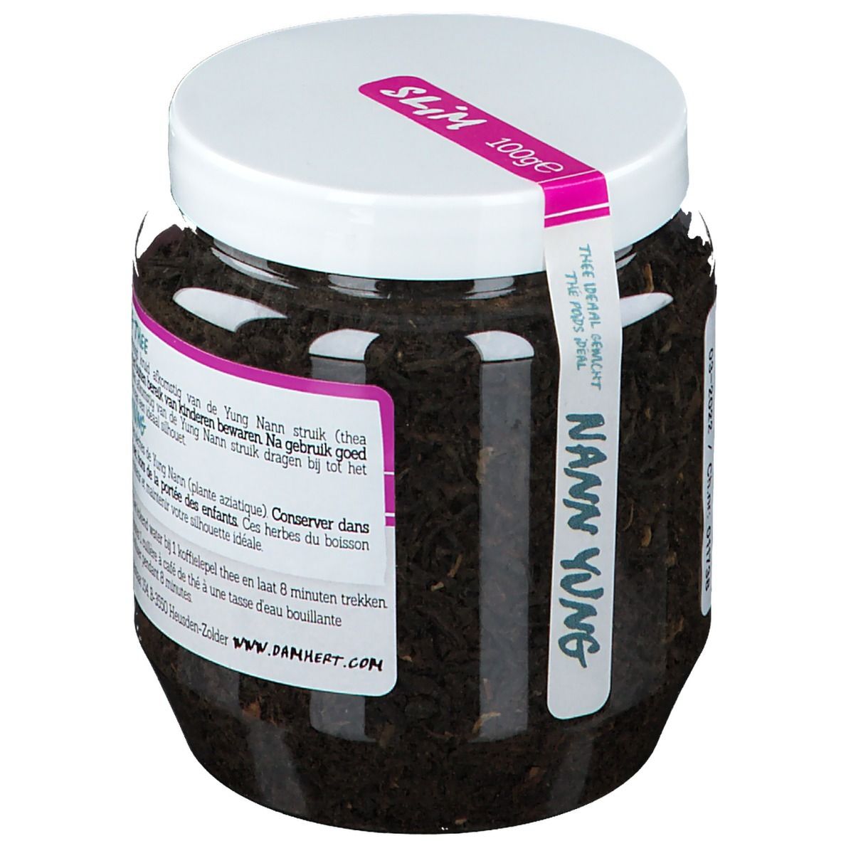 Pot met losse thee. Opschriften "NANN YUNG" en "SLIM". Etiket met productinformatie.