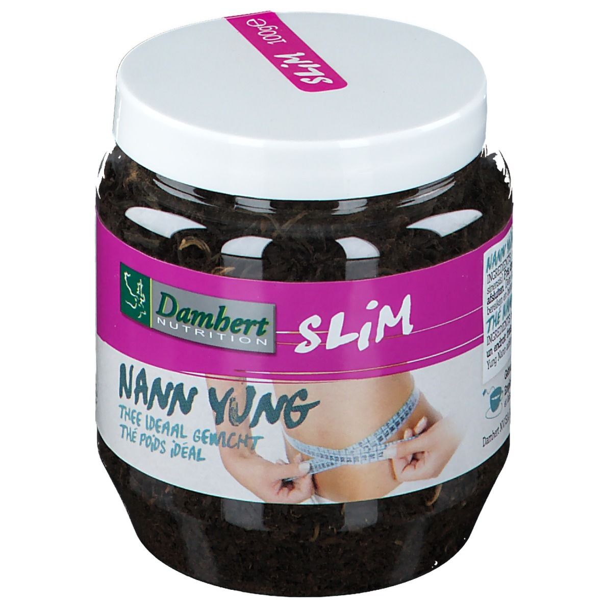 Pot met losse thee. Opschriften "NANN YUNG" en "SLIM". Logo Damhert Nutrition. Illustratie van persoon die buik meet.