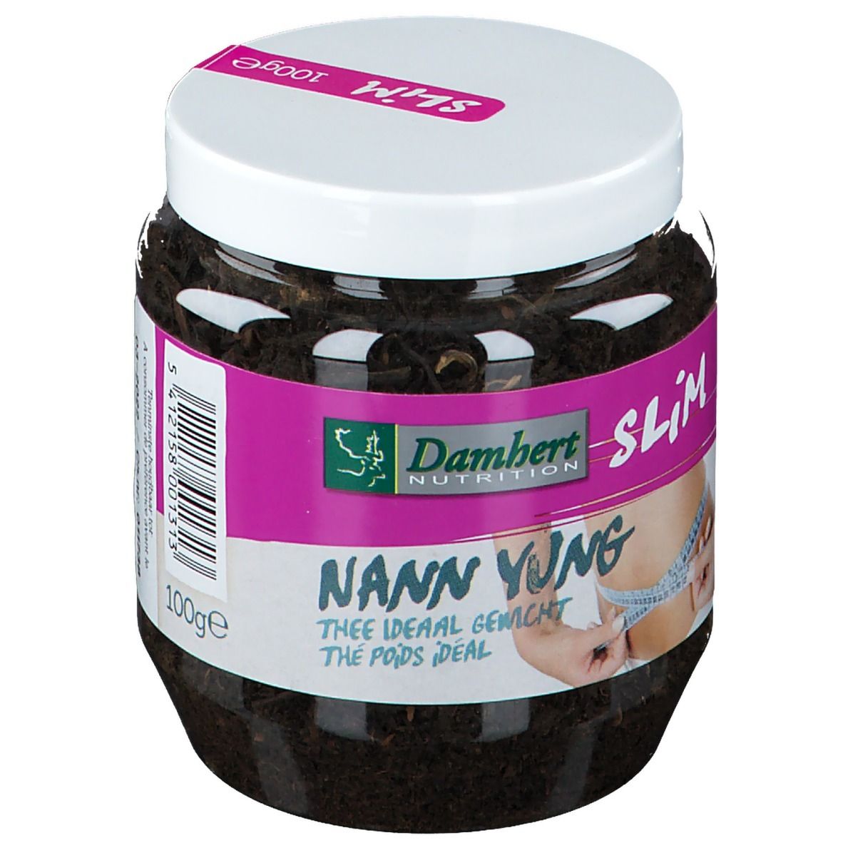 Pot met losse thee. Opschriften "NANN YUNG" en "SLIM". Logo Damhert Nutrition. Illustratie van persoon die buik meet.