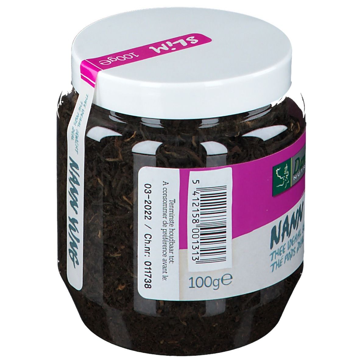 Pot met losse thee. Opschriften "NANN YUNG" en "SLIM". Logo Damhert Nutrition. Etiket met productinformatie.