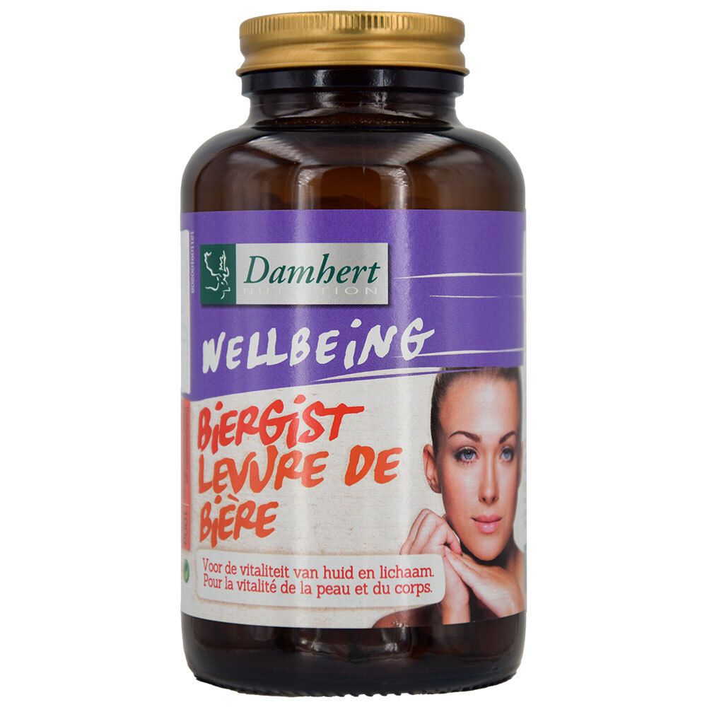 Bruine fles met capsules. Opschrift: Wellbeing, Biergist, Levure de Bière. Vrouwengezicht.