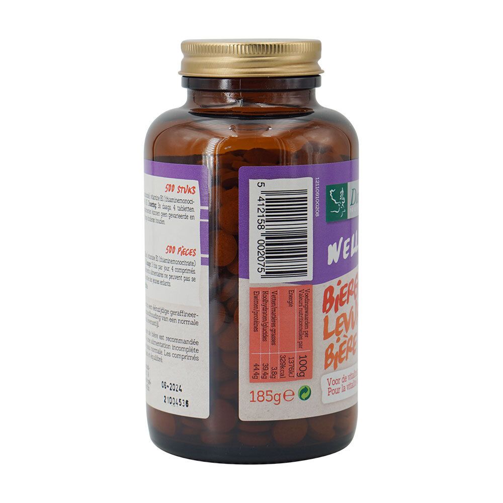 Achterkant fles met capsules. Etiket met info en barcode. 185g.