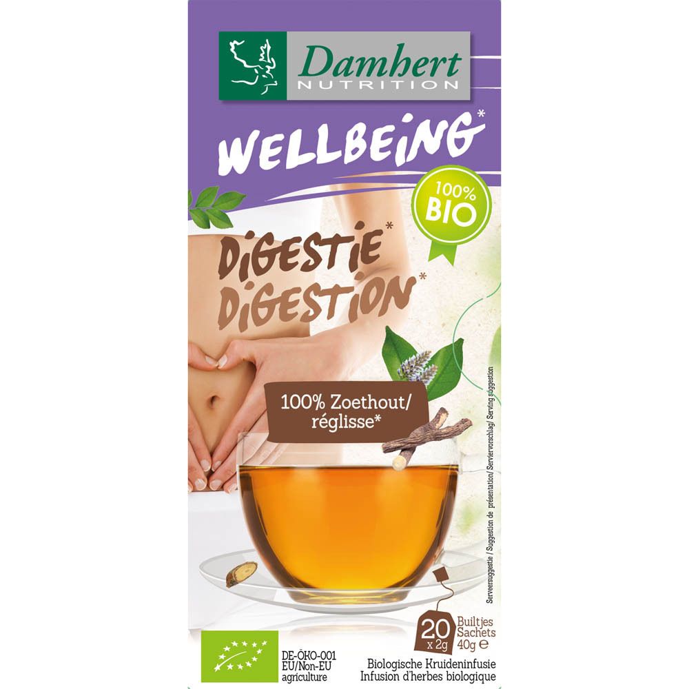 Emballage Damhert Tea Time Réglisse. Inscription : Wellbeing, 100% Bio, 100% Zoethout/Réglisse. 20 sachets. Infusion bio.