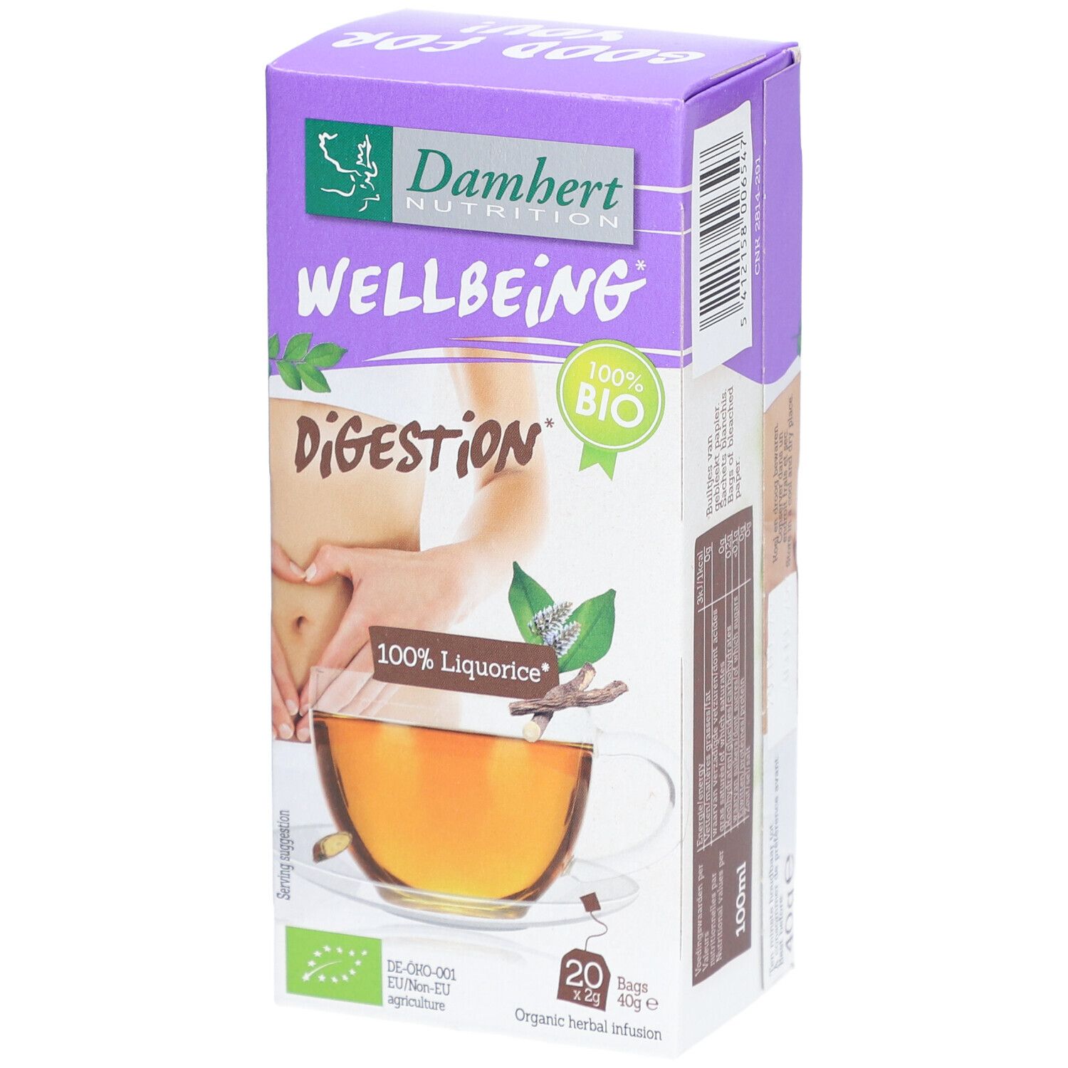 Boîte Damhert Tea Time Réglisse. Inscription : Wellbeing, 100% Bio, 100% Liquorice. 20 sachets. Infusion de plantes bio.