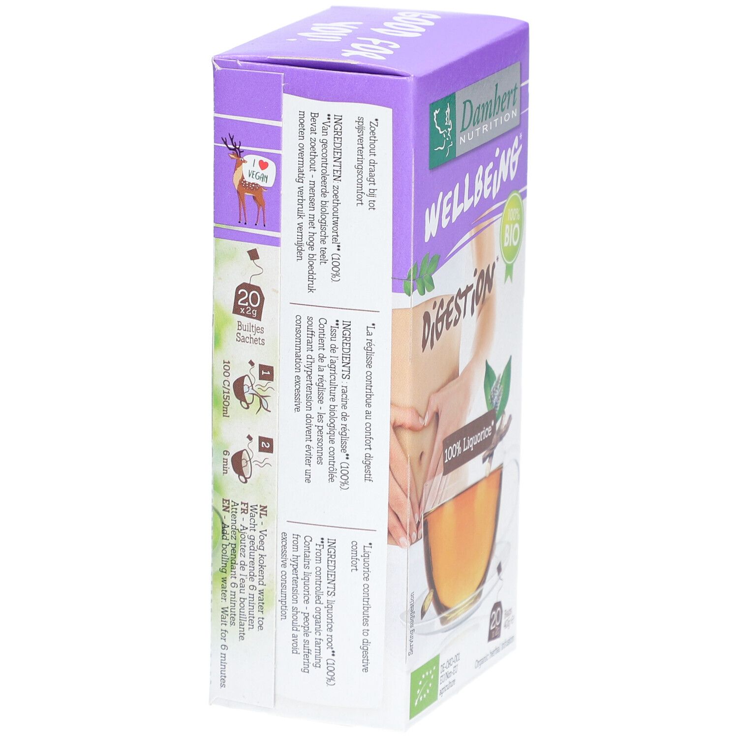 Emballage Damhert Tea Time Réglisse. Dos avec ingrédients, instructions et informations nutritionnelles. 20 sachets.