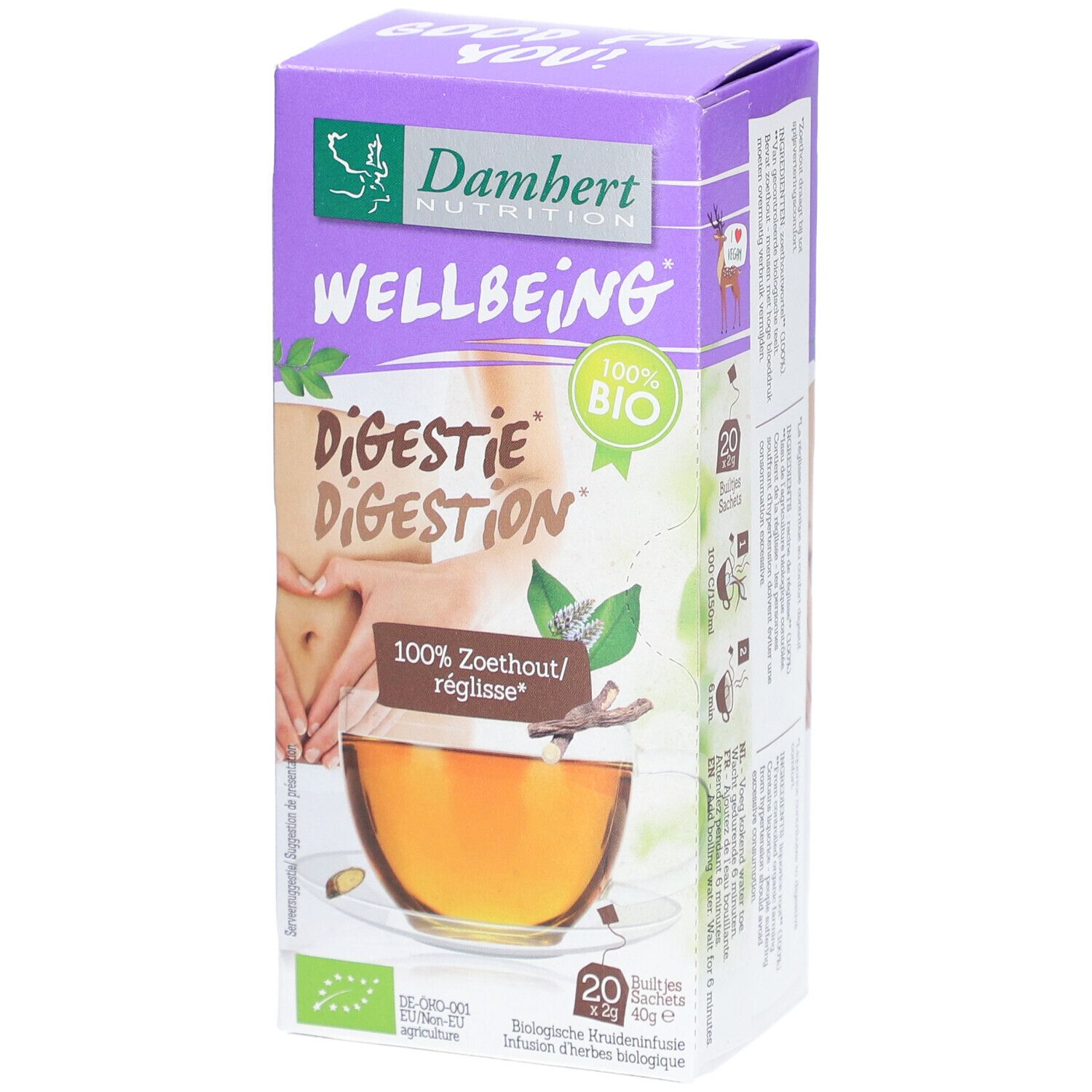 Emballage Damhert Tea Time Réglisse. Inscription : Wellbeing, 100% Bio, 100% Zoethout/Réglisse. 20 sachets. Infusion bio.