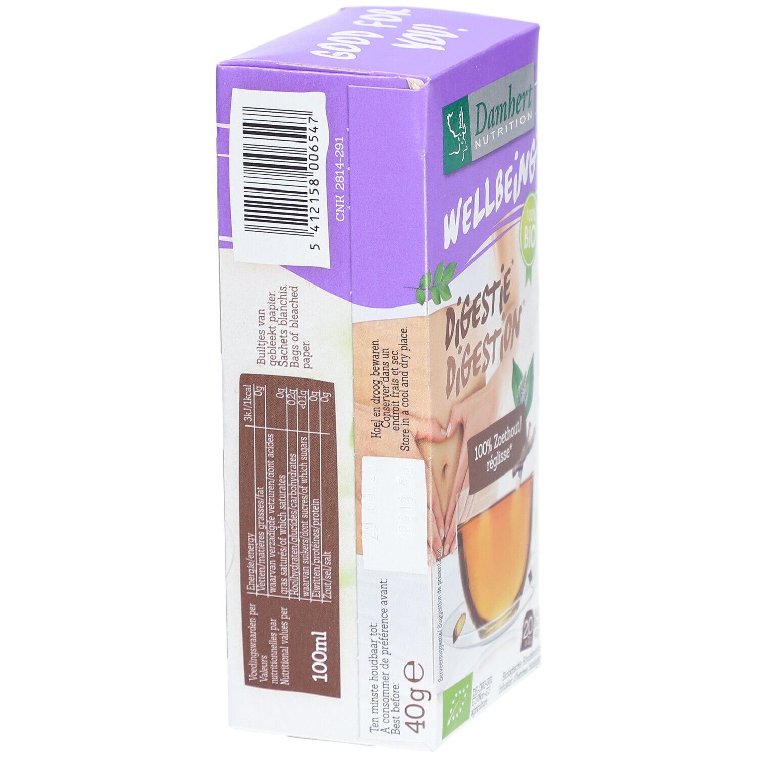 Emballage Damhert Tea Time Réglisse. Vue latérale avec informations nutritionnelles et code-barres. 100ml, 40g.