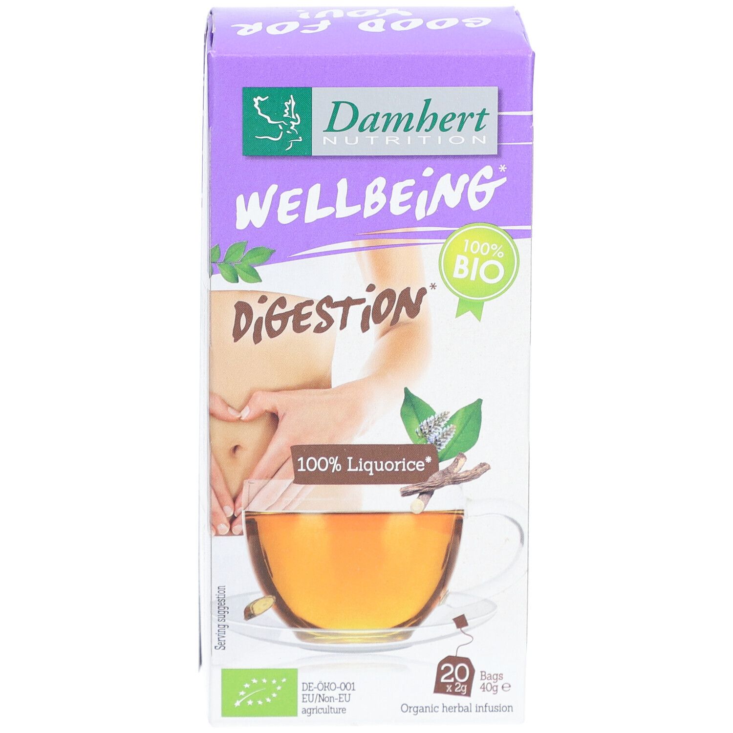 Boîte Damhert Tea Time Réglisse. Inscription : Wellbeing, 100% Bio, 100% Liquorice. 20 sachets. Infusion de plantes bio.