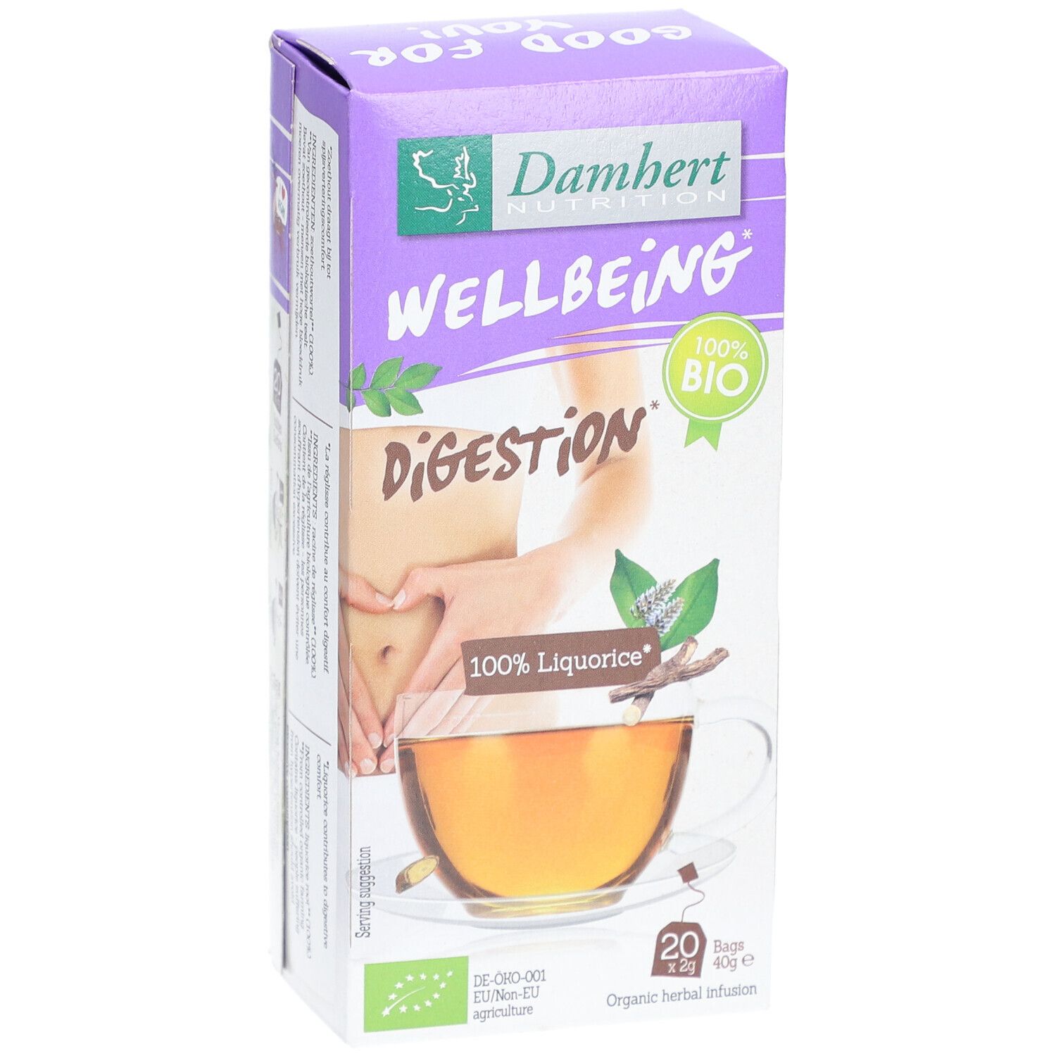 Boîte Damhert Tea Time Réglisse. Inscription : Wellbeing, 100% Bio, 100% Liquorice. 20 sachets. Infusion de plantes bio.