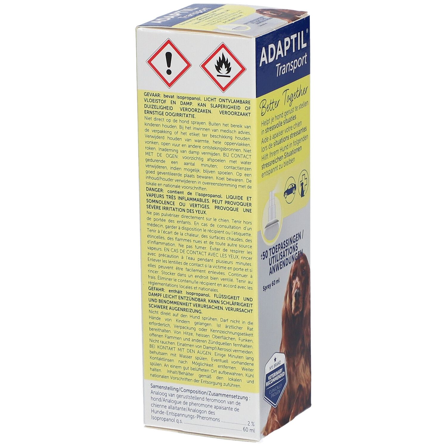 Emballage du spray ADAPTIL® Transport. Contient un flacon de spray de 60 ml. Avec logo et slogan.