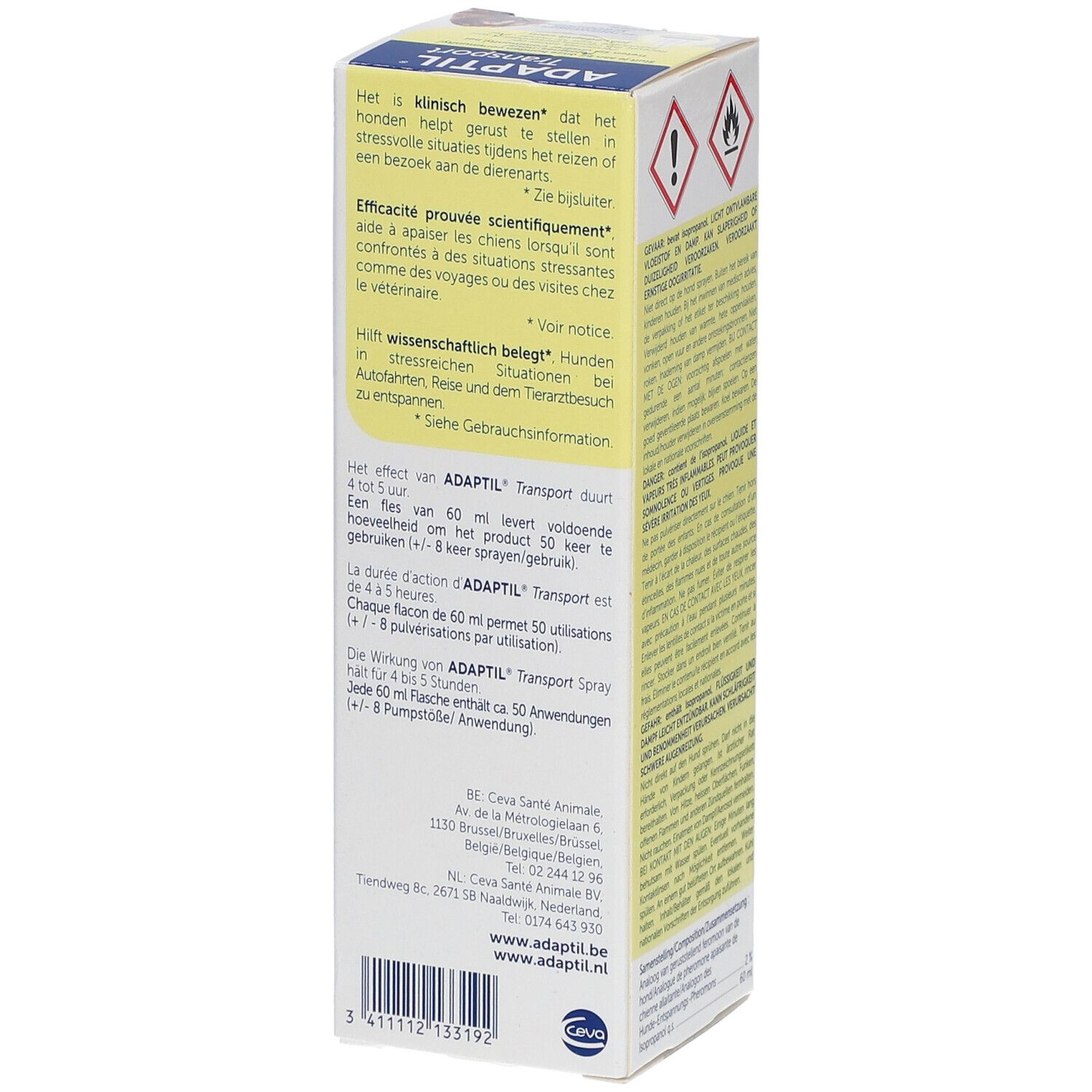 Dos de l'emballage du spray ADAPTIL® Transport. Contient des informations et des avertissements.