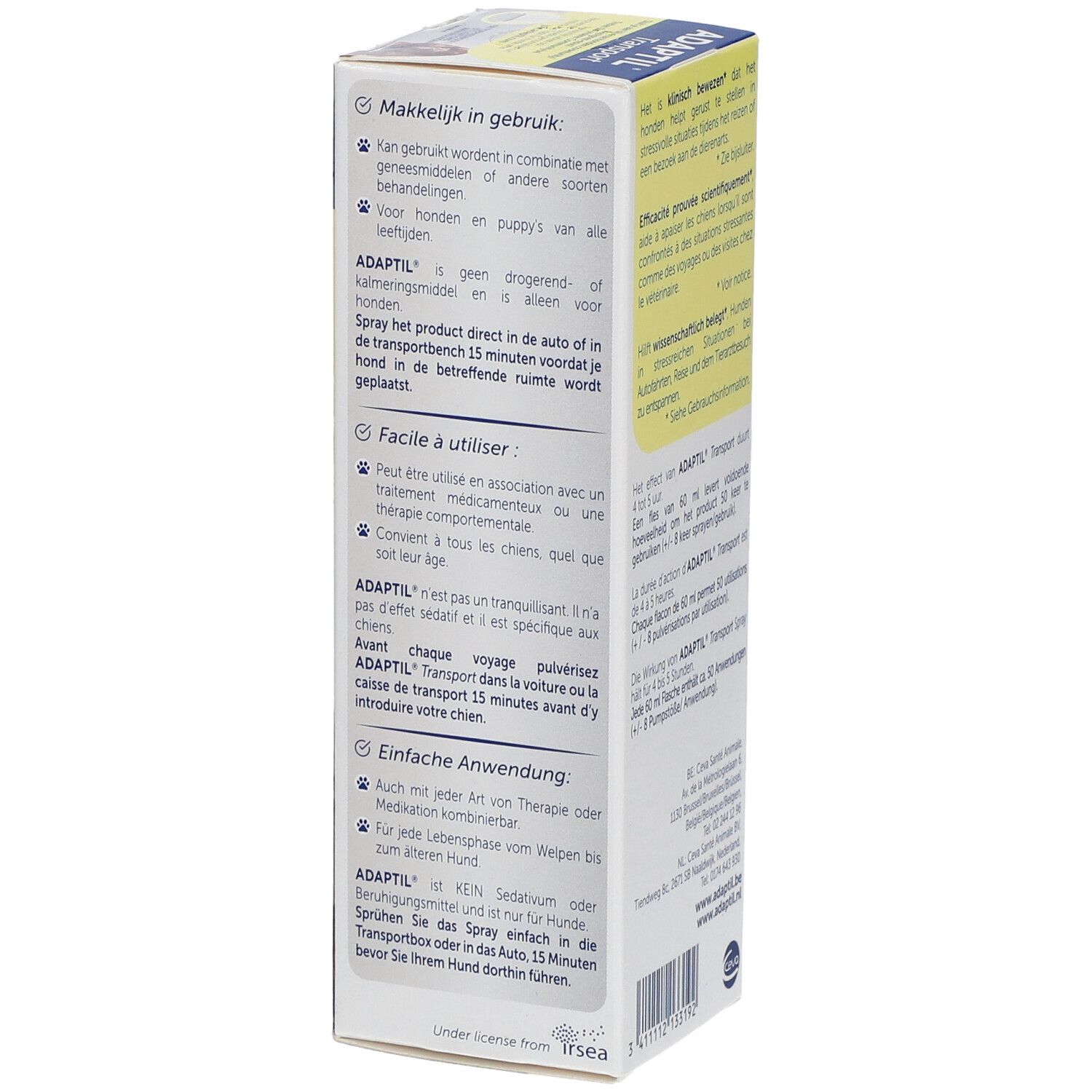 Côté de l'emballage du spray ADAPTIL® Transport. Contient des informations sur l'utilisation.