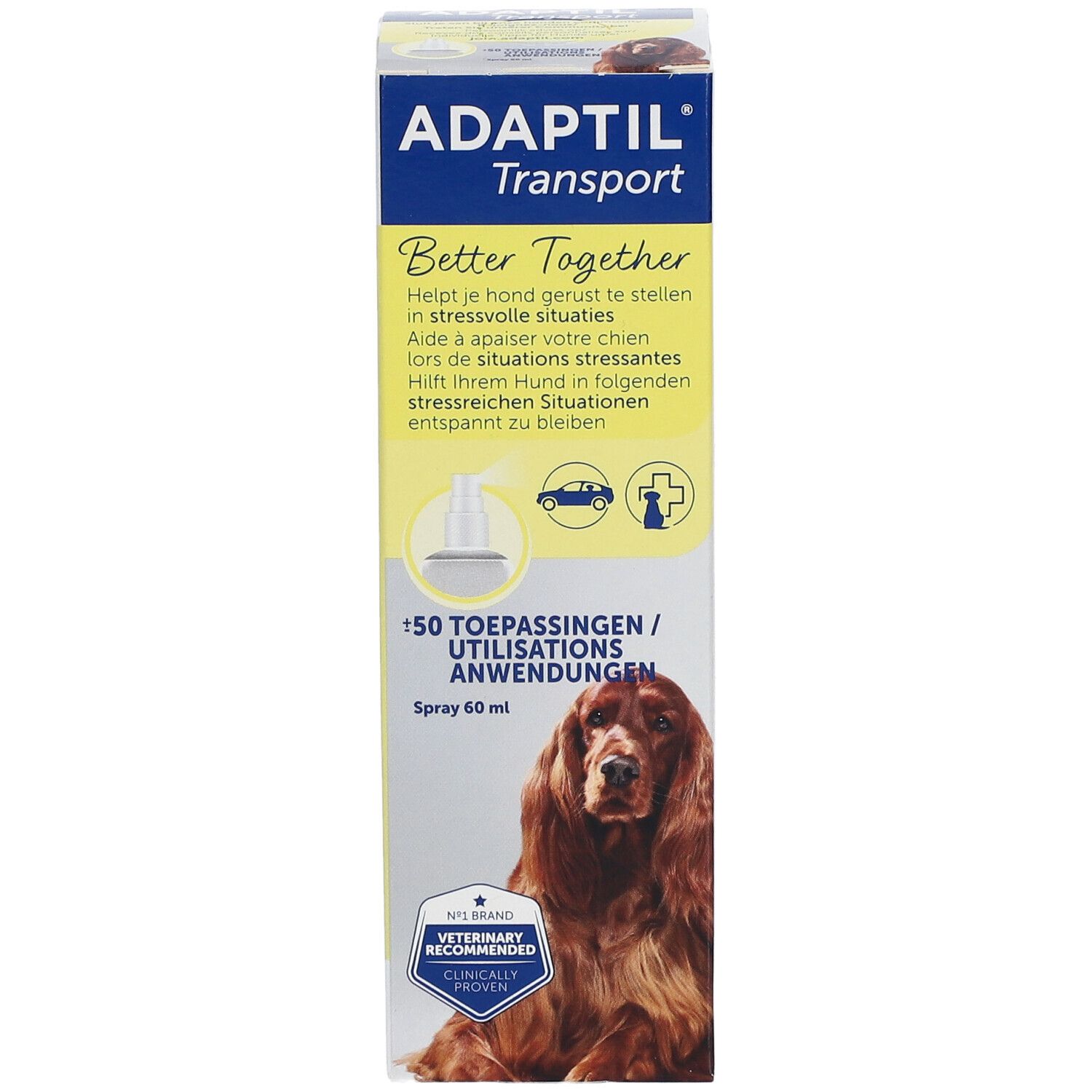 Emballage du spray ADAPTIL® Transport. Contient un flacon de spray de 60 ml. Avec logo et slogan.